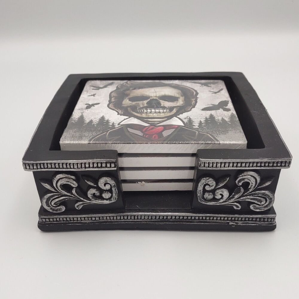 World of Wonders Potions and Poetry Ceramic Skeleton Cork Coaster Set & Holder